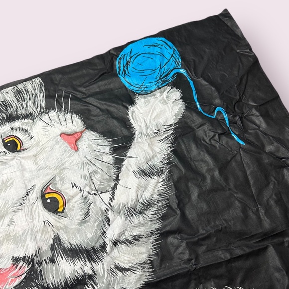 Vintage Cat Playing With Yarn Unfinished Edge Black Background Fabric 44” x 44” - Picture 9 of 9